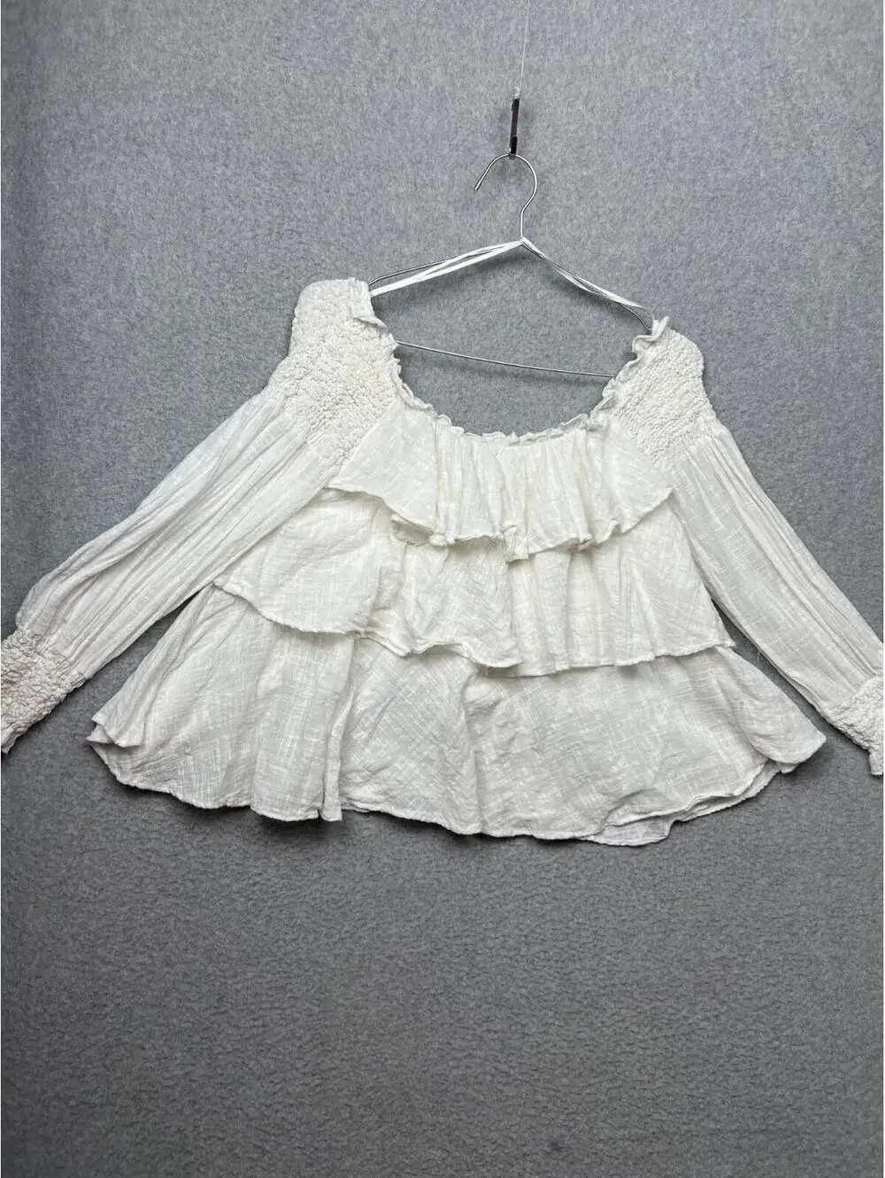 Zara Off The Shoulder Flowy Blouse Boho Long Sleeve Womens L Layer Ruffle Cotton